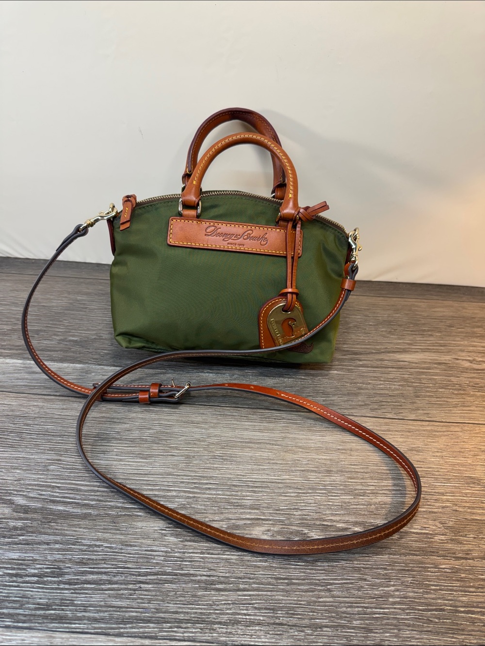 Dooney & Bourke Olive Nylon Crossbody Satchel with Brown Leather Trim